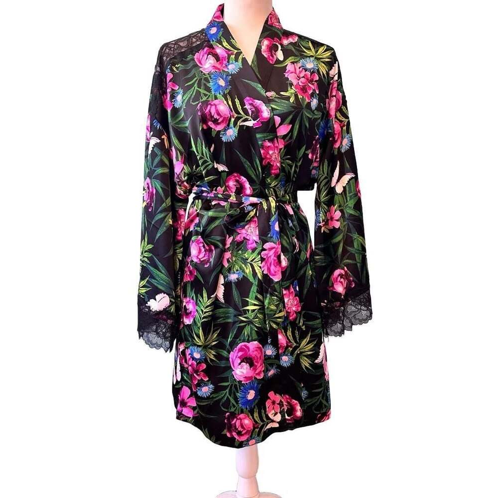 Victoria's Secret Black Tropical Floral Satin Kimono Robe with Lace Trim M/L